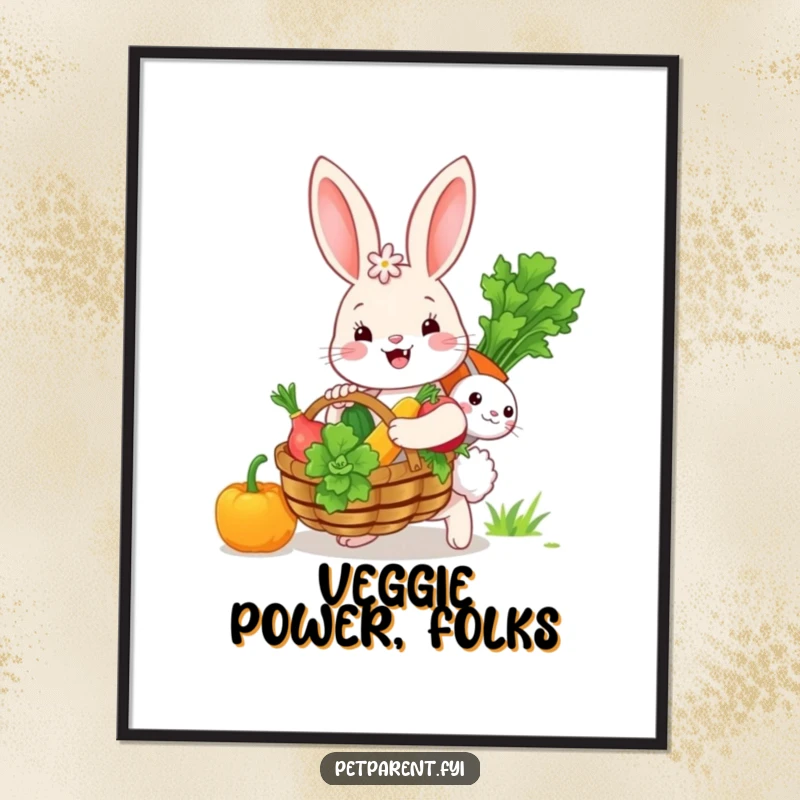Funny, happy bunny carrying a generously filled basket of assorted vegetables, suitable for wall art, a delightful scene.