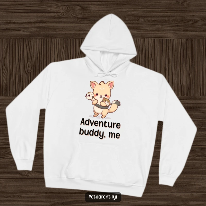 Funny playful animal character carrying a pet on its back, printed on a soft, warm hoodie.