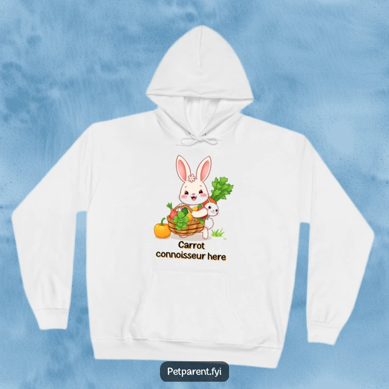 Funny bunny character with a big basket of vegetables, ready to feed its family, depicted on a soft, warm hoodie.