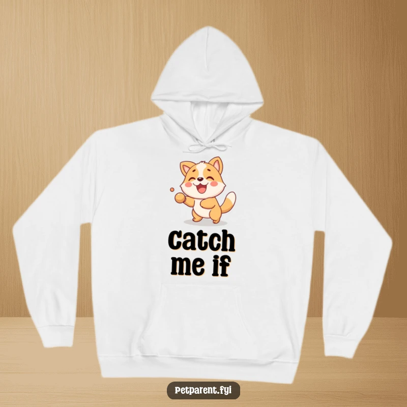 Funny Hoodie featuring a delighted animal character caught mid-game of fetch. A wonderful funny gift for active individuals and pet parents.