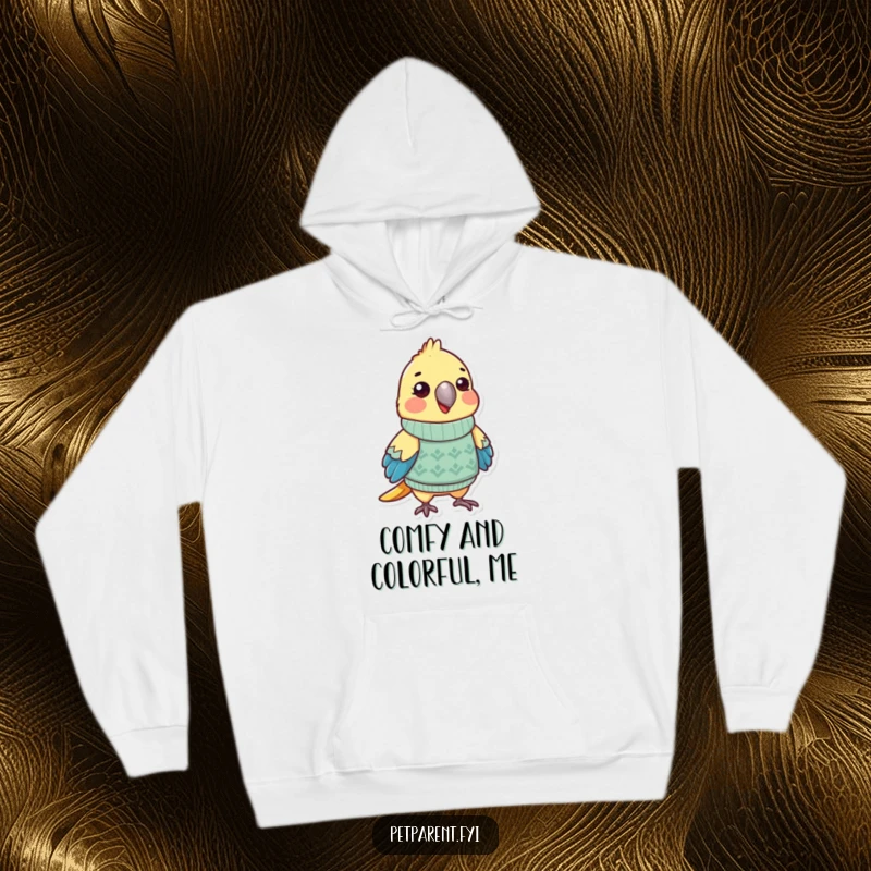 Funny parrot hoodie with a cute character in a tiny sweater, offering warmth and humorous style. An ideal funny gift for bird enthusiasts.