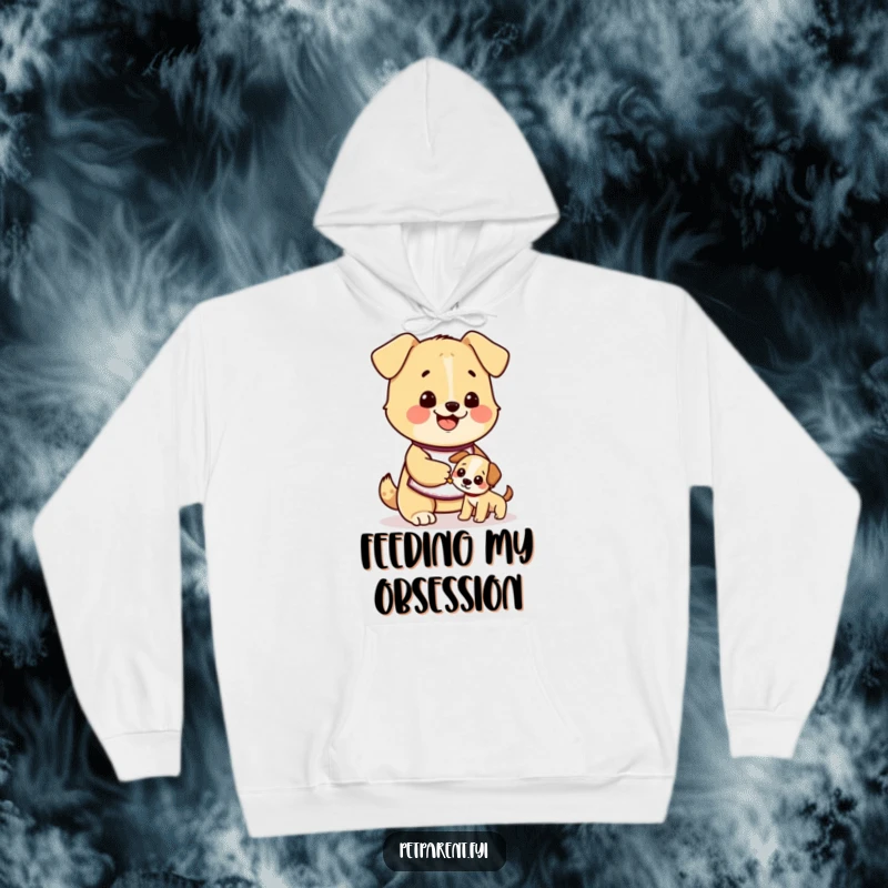 Funny dog hoodie showing a cute character in an apron happily feeding a smaller puppy, offering warmth and heartwarming humor.