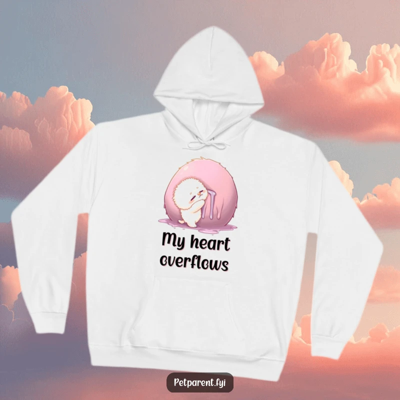 Funny hoodie featuring a small fluffy creature hugging a large, drool-covered object, showcasing comic devotion and mess.