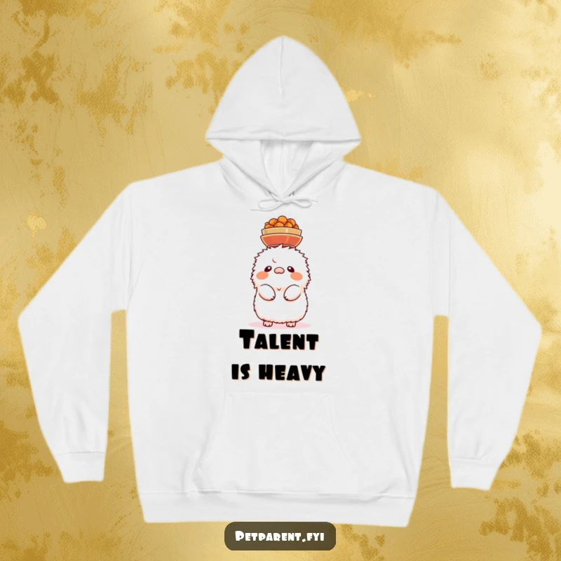 Funny hoodie featuring a fluffy creature precariously balancing food bowls on its head, a humorous visual of carrying burdens.
