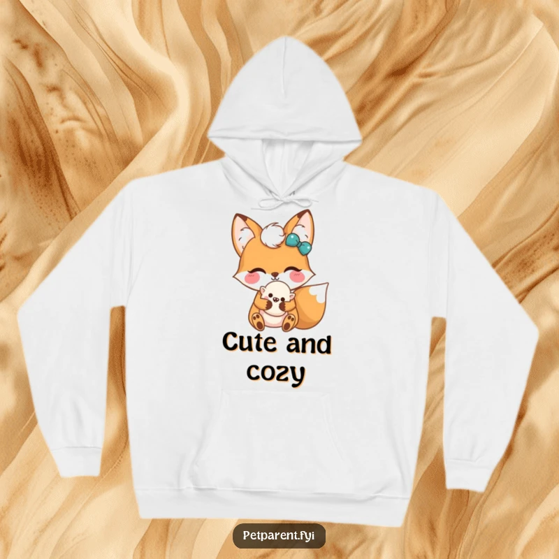 Funny Kawaii Fox Hoodie: A sweet fox character embracing a tiny fluffy toy, offering warmth, comfort, and adorable style.