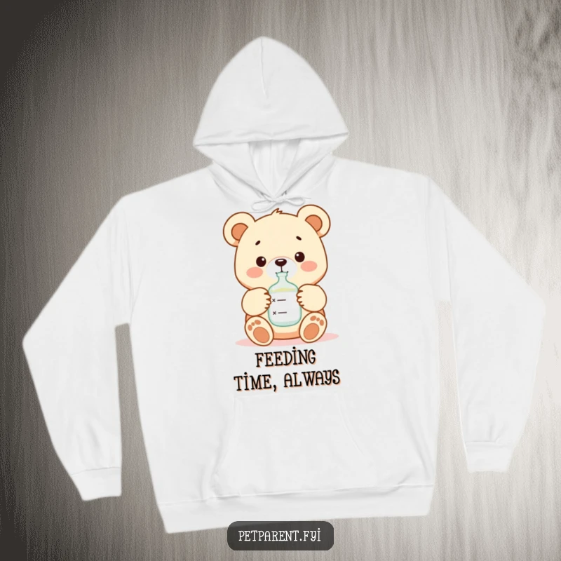 Funny and heartwarming scene of a bear feeding a baby with a bottle, featured on a soft, hooded sweatshirt.