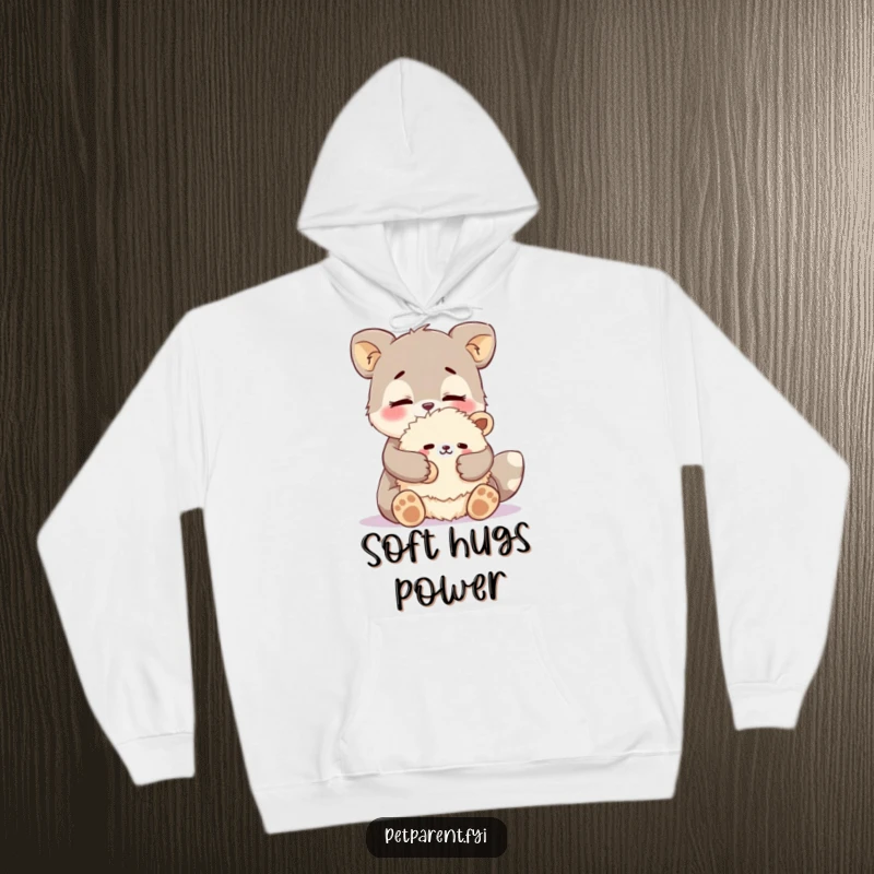 Funny affectionate animal hoodie showing a creature cuddling a fluffy stuffed animal with love. Cozy and humorous gift.