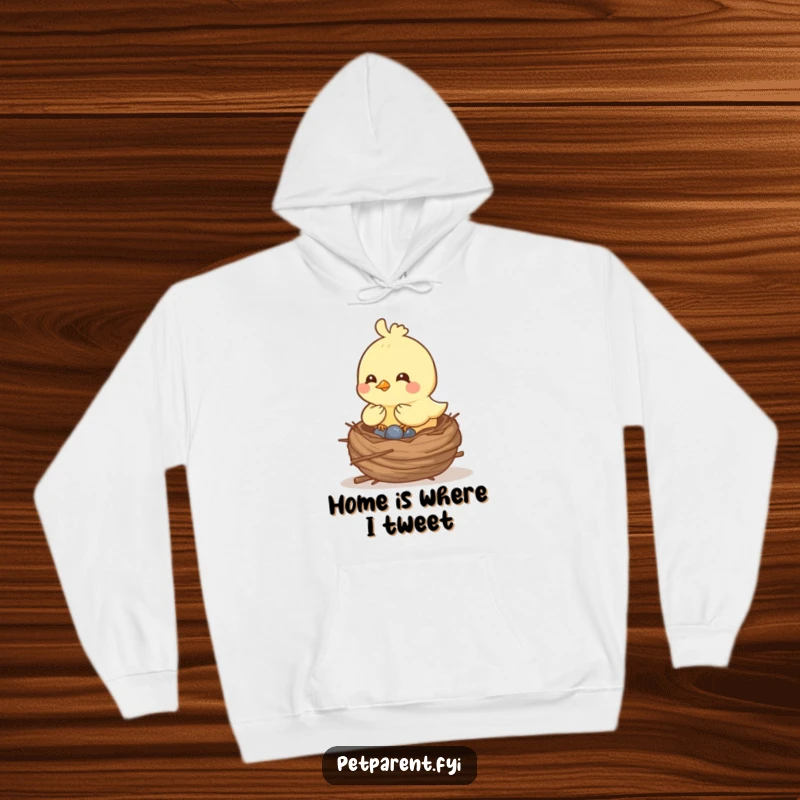 Funny bird hoodie showing a cheerful bird character creating a cozy nest, symbolizing comfort, hard work, and humorous dedication.