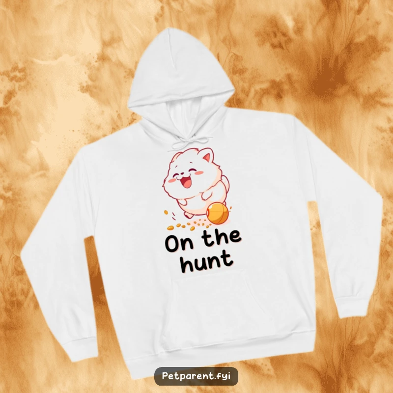 Funny hoodie: a fluffy creature joyfully running after a rolling food pellet with pure, unadulterated happiness.