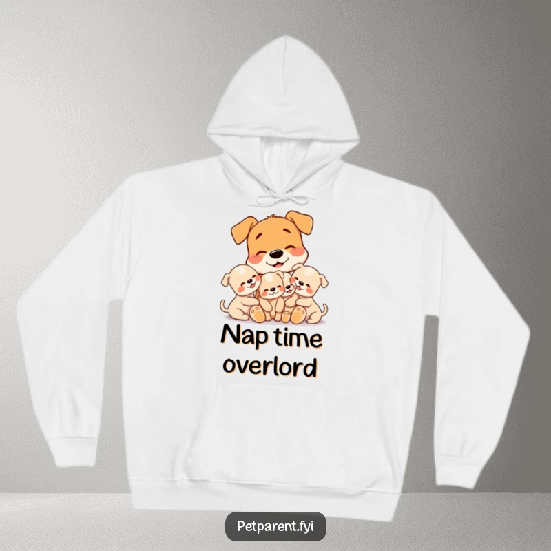 Funny hoodie depicting a nurturing dog character embracing three tiny puppies with a loving smile, perfect for cozy pet-parent moments.