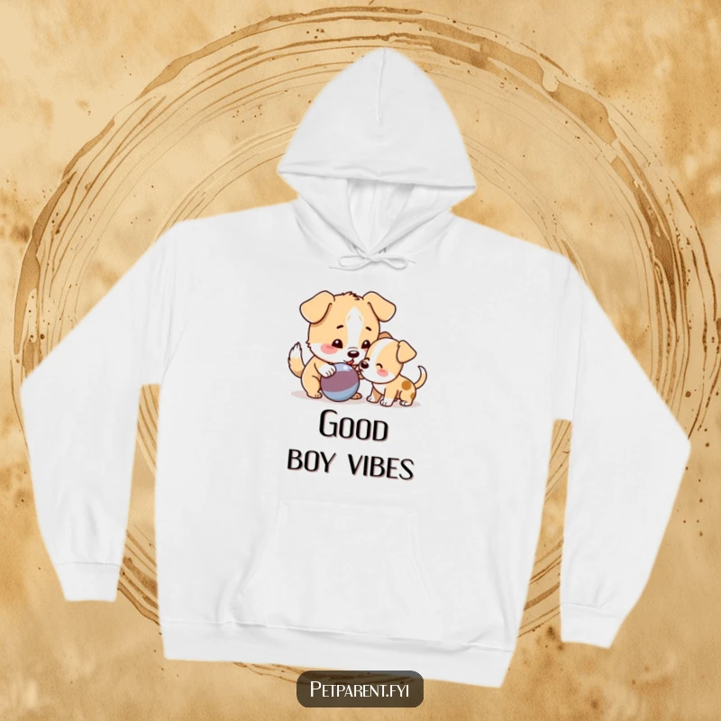 Funny Dog Hoodie showcasing a playful dog sharing a squeaky toy with a puppy, embodying warmth, fun, and friendly canine bonds.