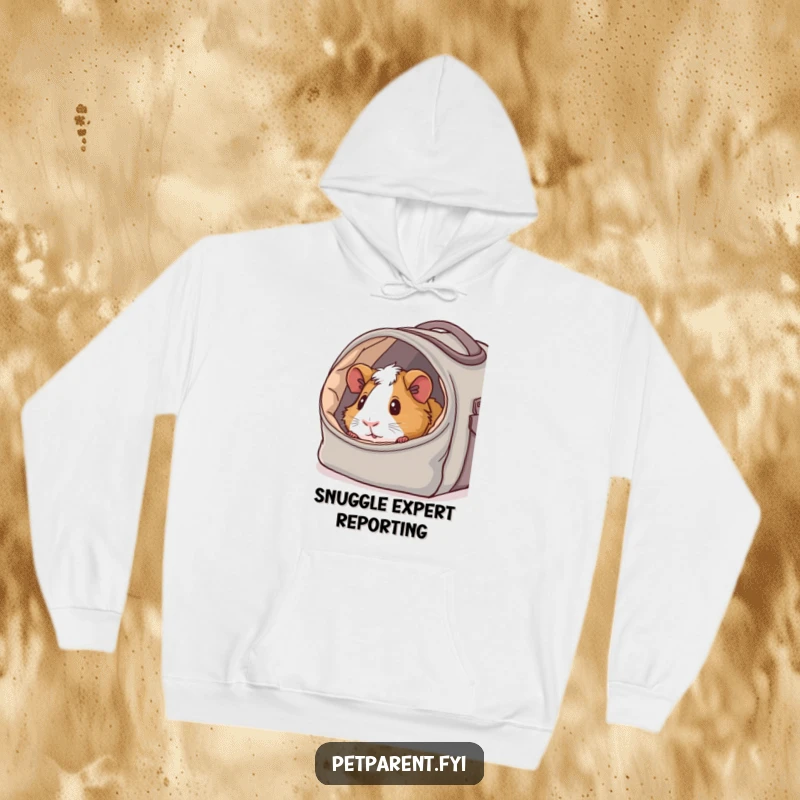 Funny hoodie with a content guinea pig peeking out of a cozy carrier bag, radiating warmth and humorous comfort.