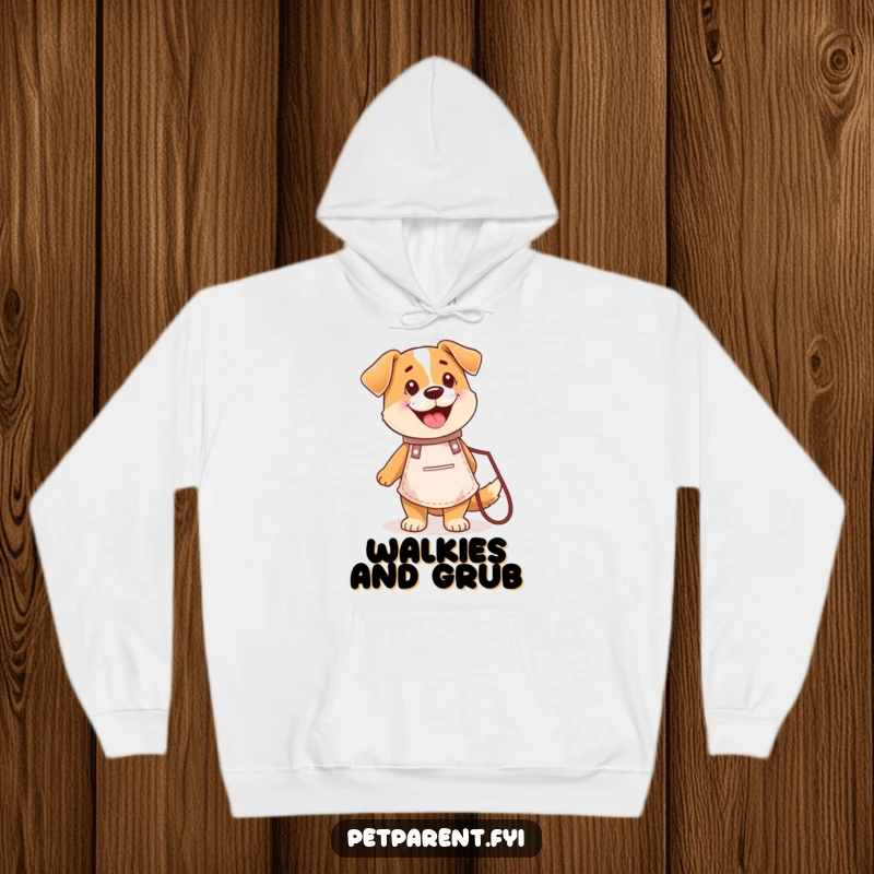 Funny hoodie showcasing a happy dog in a tiny apron holding a leash, ready for cooking and adventures.