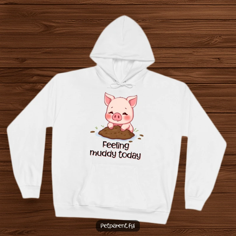 Funny Piglet Hoodie showcasing a blushing piglet offering a mud puddle, a symbol of warm, humorous friendship and comfort.