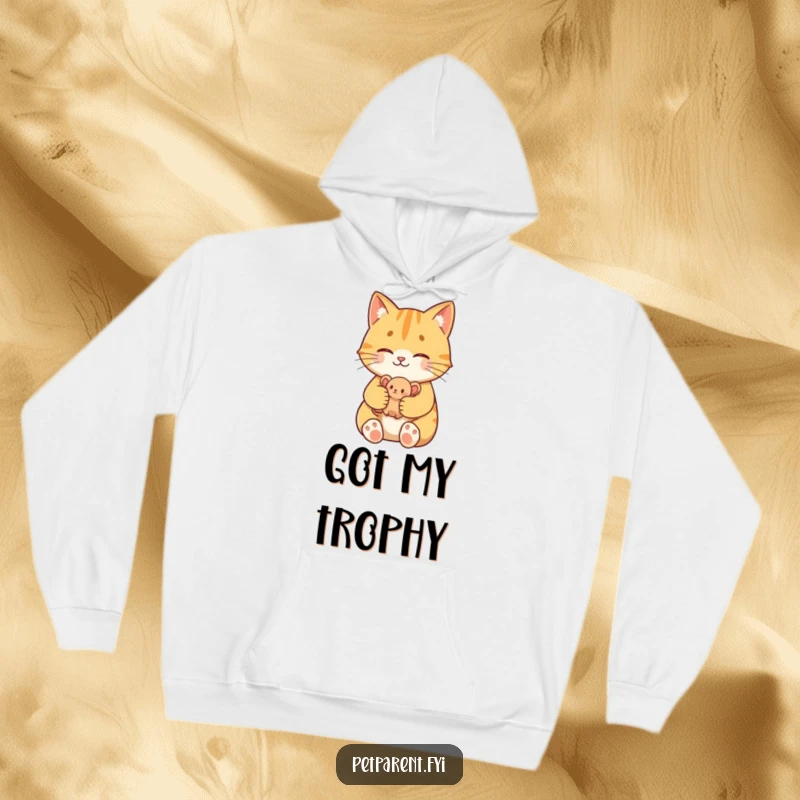 Funny Proud Cat Hoodie: A proud cat character holds a toy mouse, a cozy and humorous gift for cat fans.