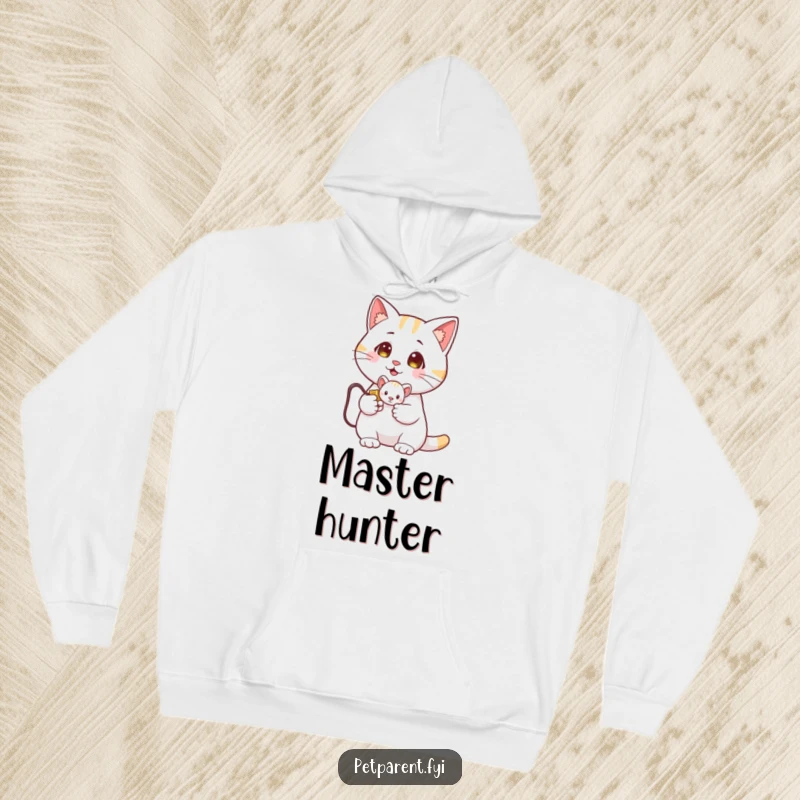 Funny Cat Hoodie: A proud cat displays a tiny toy mouse it has caught. Humorous and cozy design.