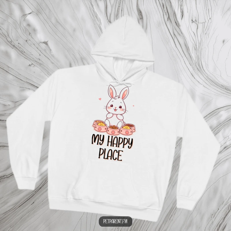 Funny rabbit hoodie with a content character and multiple tiny pet bowls, offering warmth and pet-themed humor. An ideal funny gift.