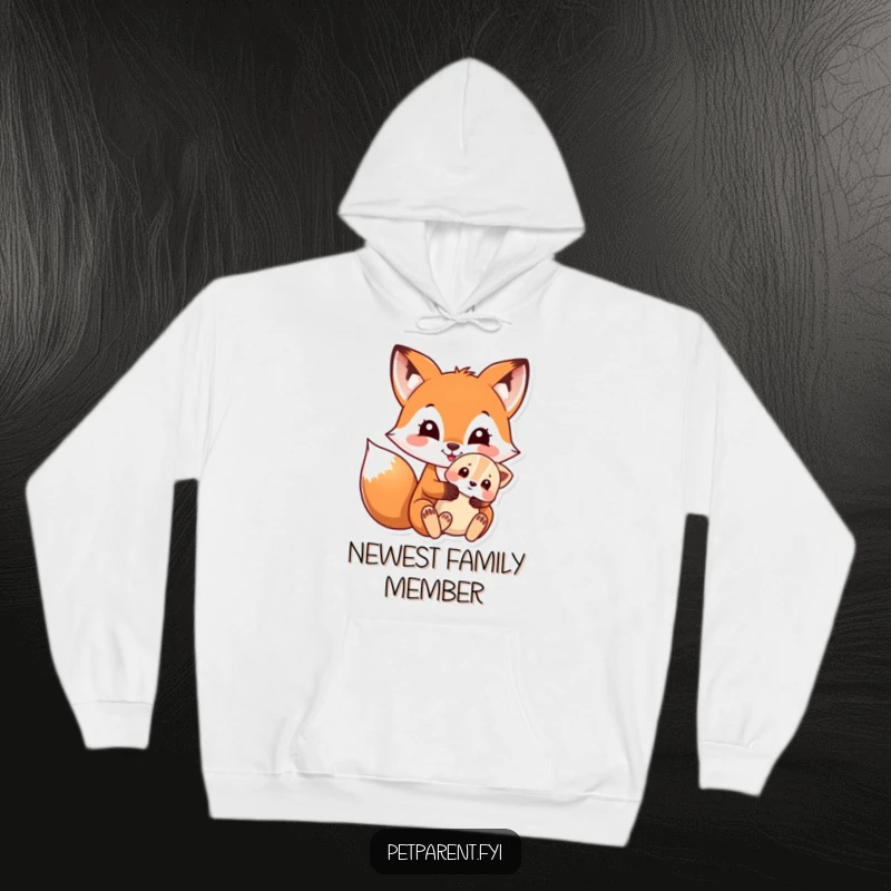 Funny hoodie showcasing a gentle fox holding a cute puppy, perfect for cozying up and spreading animal-themed cheer.