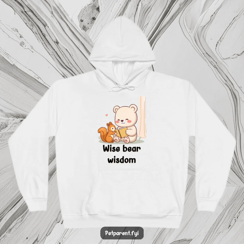 Funny hoodie with a content bear reading a tiny book to a squirrel, perfect for cozy storytelling sessions.