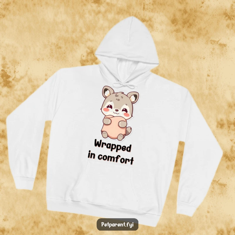 Funny hoodie showing a happy animal character holding a small, warm blanket, embodying ultimate comfort and cheerful warmth.