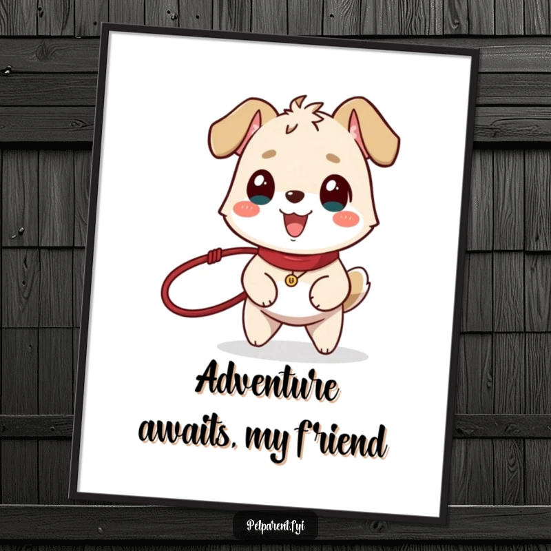 Funny free printable wall art of a happy animal character enthusiastically holding a leash, ready for an exciting outing.