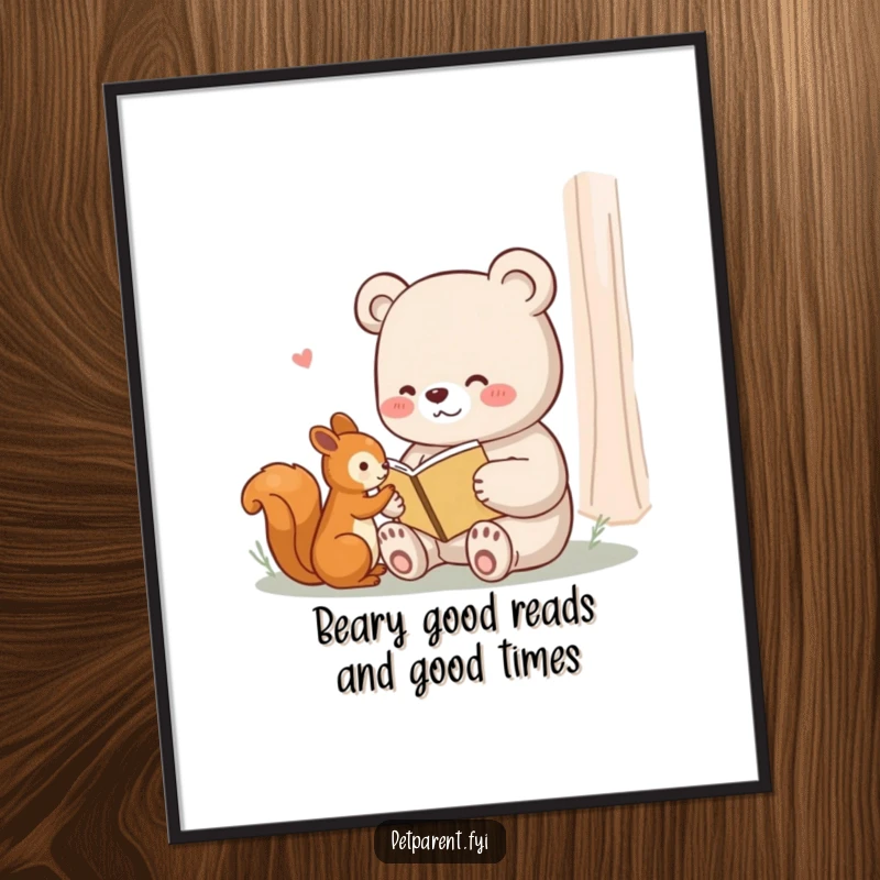 Funny Free Printable Wall Art: A content bear reads a tiny book to an attentive squirrel, depicting a peaceful scene.