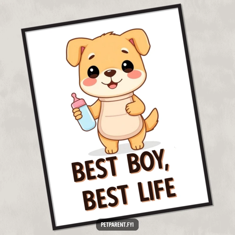 Funny Free Printable Dog Chef Wall Art: A happy dog in an apron holds a baby bottle, creating humorous, cozy downloadable decor.