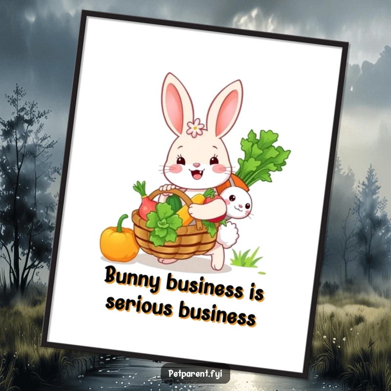 Funny Free Printable Wall Art: A beaming bunny carries an enormous basket overflowing with a variety of fresh vegetables.