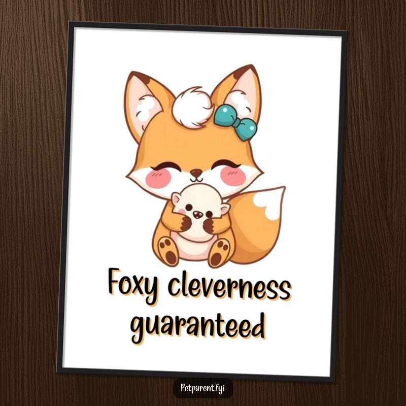 Funny Free Printable Kawaii Fox Wall Art: A happy kawaii fox cherishes a tiny, squishy toy.