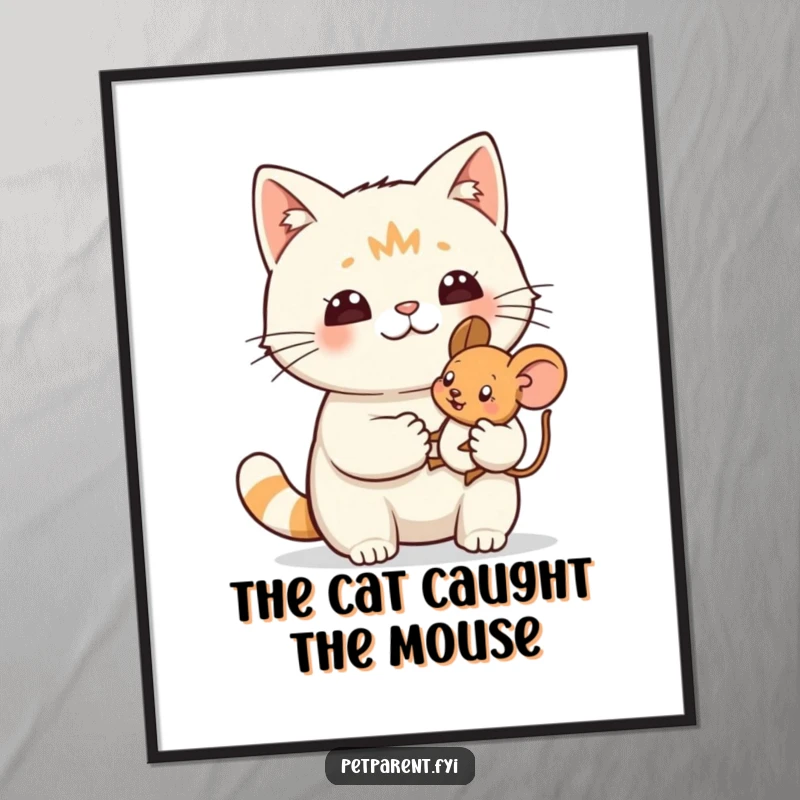 Funny Free Printable Wall Art depicting a proud cat adoring a tiny toy mouse, capturing feline accomplishment and humor.