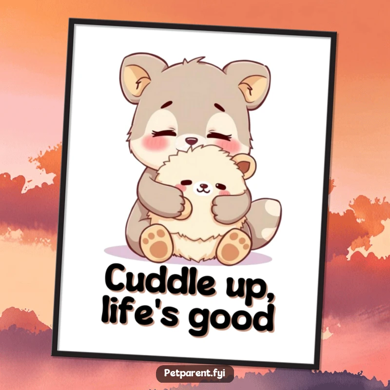 Funny Free Printable wall art of an animal character cuddling a fluffy stuffed animal with heartwarming affection, downloadable decor.