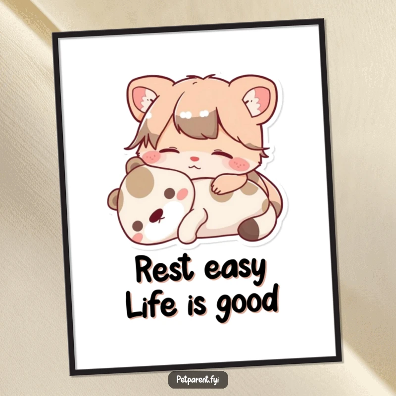 Funny Free Printable Wall Art of a contented animal character peacefully resting with a pet, evoking calm and warmth.