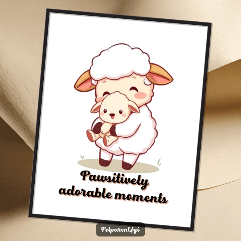 Funny Free Printable Wall Art: A loving sheep character tenderly carrying a tiny puppy, a heartwarming scene.