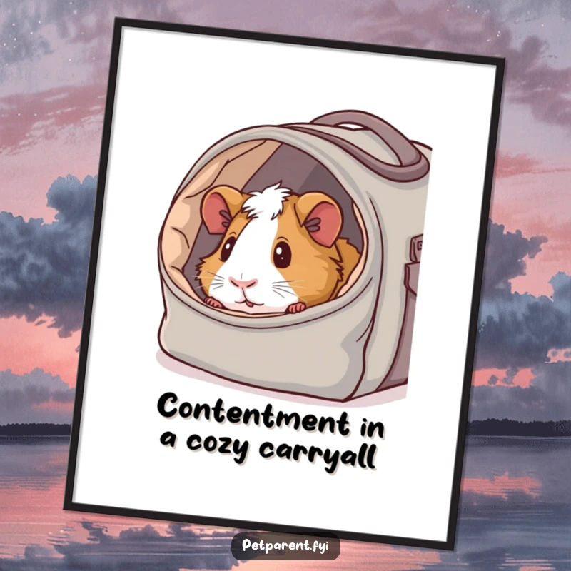 Funny Free Printable wall art of a content guinea pig peeking out of a cozy, fabric-lined carrier bag, looking snug.