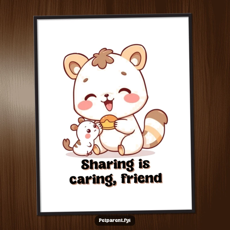 Funny Free Printable Wall Art: Happy animal character generously offering a tasty snack to a small companion.