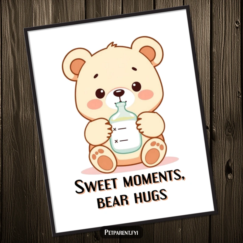 Funny Free Printable Wall Art: A nurturing bear character tenderly offering formula from a bottle, a cute scene.