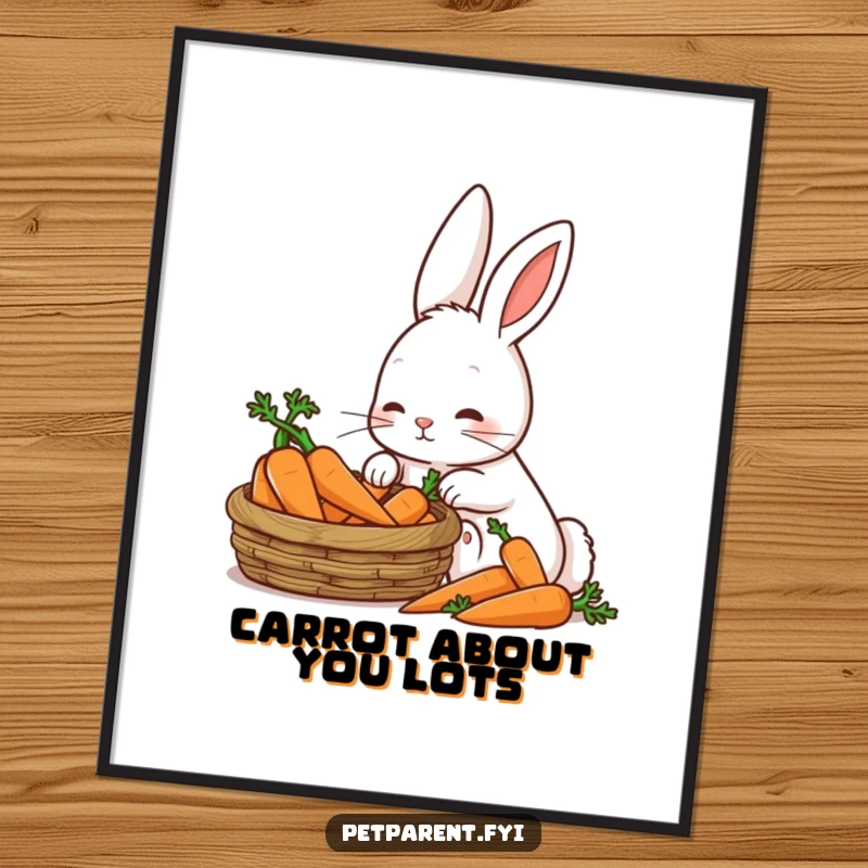 Funny Free Printable Wall Art depicting a patient rabbit character lovingly looking at a basket overflowing with carrots, a symbol of contentment.