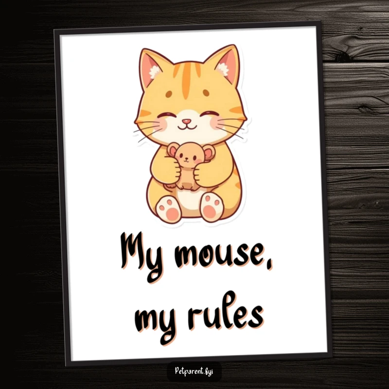 Funny Free Printable Wall Art displaying a proud cat character gently cradling a small toy mouse, a proud moment captured.