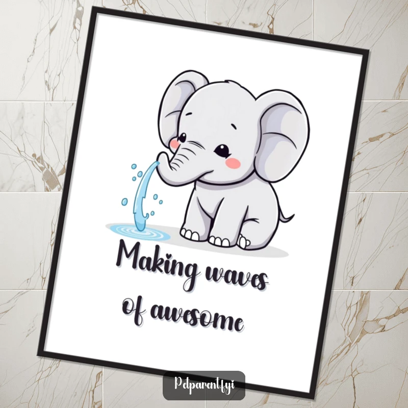 Funny Free Printable Kawaii Elephant Wall Art: A happy kawaii elephant sprays water playfully.