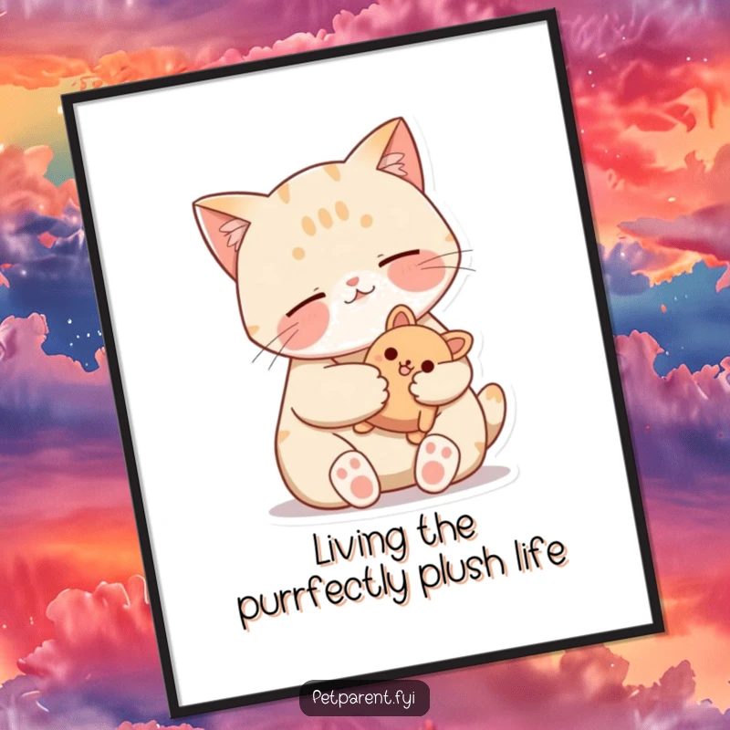 Funny Free Printable Wall Art: A contented cat peacefully purrs while cradling its favorite small stuffed toy, radiating calm.