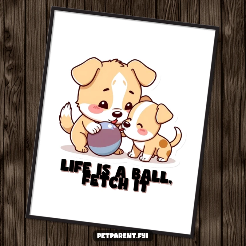 Funny Free Printable Wall Art: Playful dog shares a squeaky toy with a cute puppy, capturing a moment of pure joy.