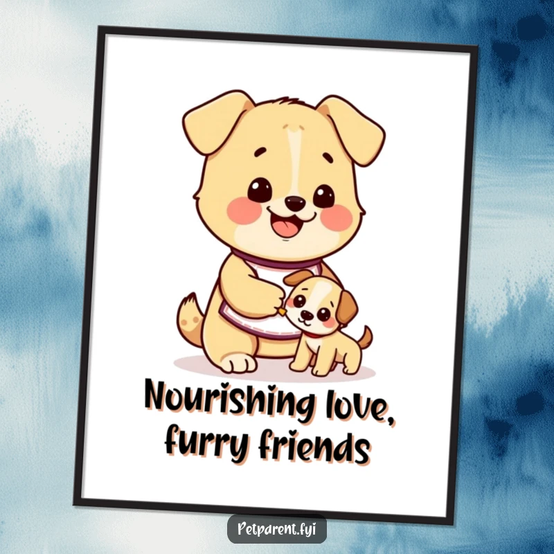Funny Free Printable Wall Art: A cute dog character in a tiny apron joyfully feeds a smaller, happy puppy.