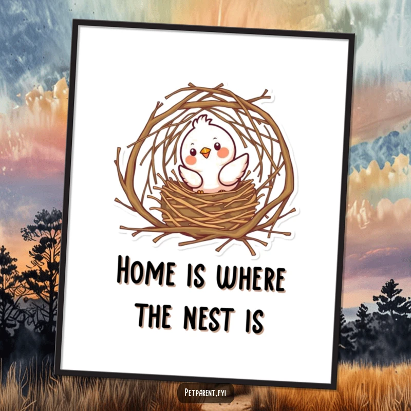 Funny Free Printable Wall Art: A happy bird concentrating on building a detailed, comfortable nest with small twigs.
