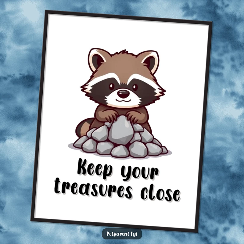 Funny Free Printable Raccoon Treasure Wall Art, a raccoon fiercely guards a pile of shiny rocks, whimsical decor.