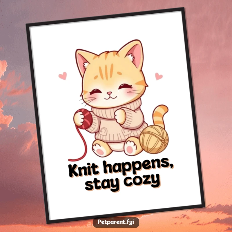 Funny Free Printable wall art of a cat wearing a sweater, playfully batting a ball of yarn, adding cozy humor to decor.