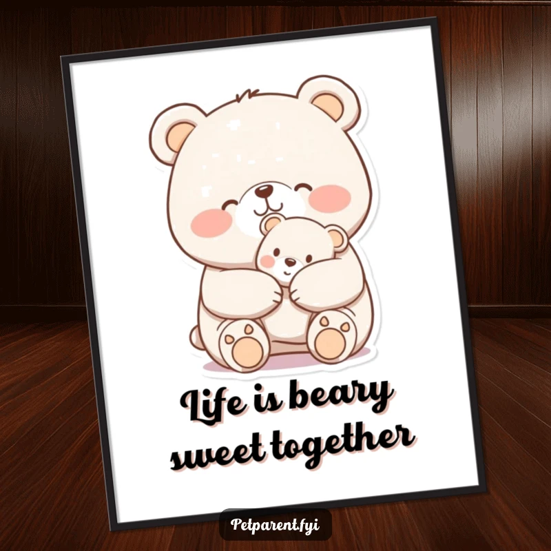 Funny Free Printable Wall Art depicting a cheerful bear character nuzzling a tiny teddy bear, creating a heartwarming and humorous display.