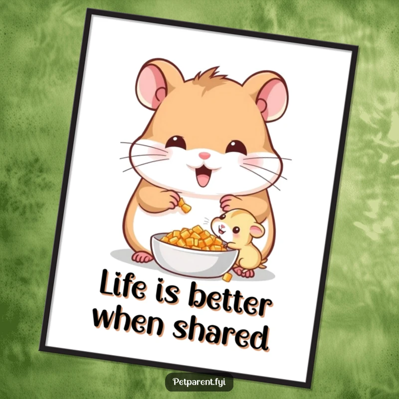 Funny Free Printable Wall Art showing a cheerful hamster character sharing food with a tiny offspring, a scene of pure sweetness and joy.