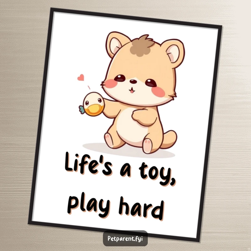 Funny Free Printable wall art of a cute animal playfully tossing a tiny squeaky toy, a joyful downloadable piece.