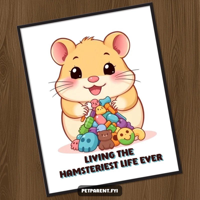 Funny Free Printable wall art of a happy hamster proudly presenting a small pile of colorful pet accessories, looking proud.