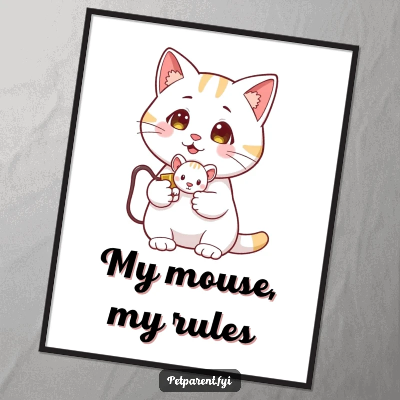 Funny free printable wall art featuring a proud cat clutching a tiny toy mouse, a humorous display of hunting prowess.